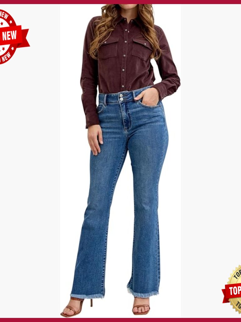 High Waist Bootcut Jeans With Fray Hem Stretch Denim 32 Inseam